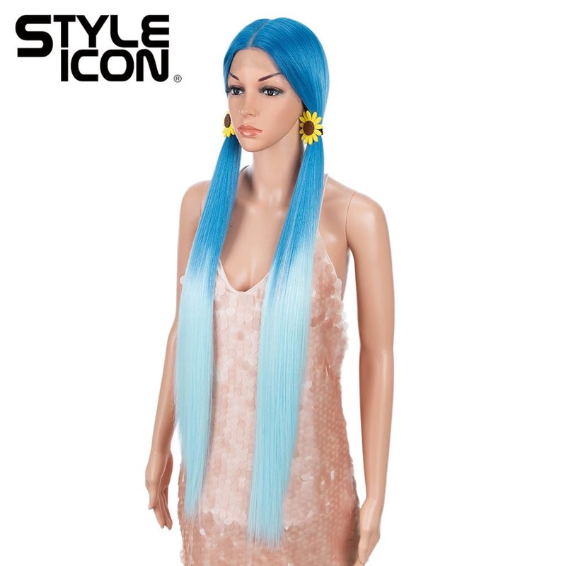 Style Icon 38" Super Long Straight Wigs 6" Deeper Middle Part Lace Lace Front Wigs Ombre Blue Color Synthetic Wig (38", GT BLUE/BLUE5)