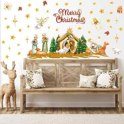 Christmas Wall Stickers Nativity Scene Wall Decals Large Holy Night Room Mural Stickers for Home Party Decor, 9.8 x 13.8 Inch, 4 Sheets