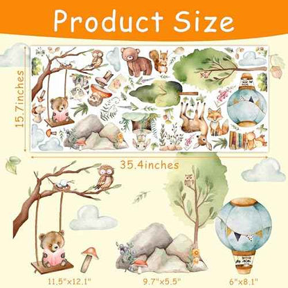 Woodland Animal Wall Stickers Jungle Forest Animal Wall Decals Cartoon Animals Wall Decals Peel and Stick Cute Balloon Cloud Tree Animals Wall Stickers for Nursery Kids Room Playroom Decor