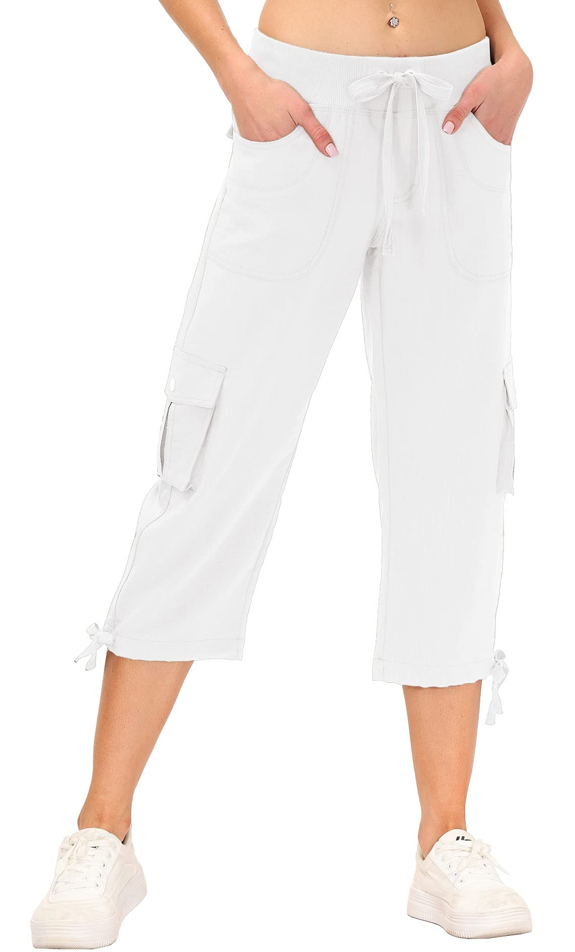 MoFiz Womes Cargo Hiking Capri Pants Lightweight Quick Dry Running Athletic Casual Outdoor Button Pockets Rice White XL
