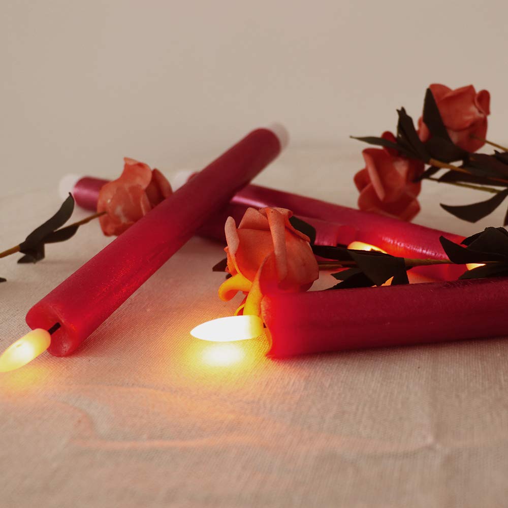 Lasumora Red Flameless Taper Candles Battery Operated Flickering with 6H Timer, 3D Wick LED Taper Candles Real Wax Candlesticks, Party Christmas Home Decor 6 Pack 9.6" Christmas Red