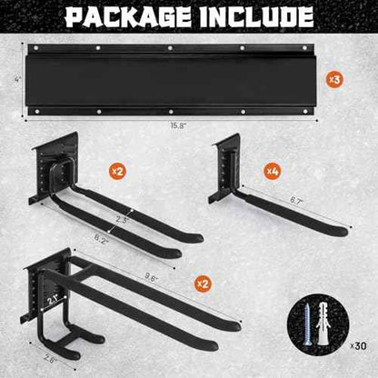 11Pcs Garage Wall Mount Tool Storage Rack - Adjustable Garden Tool Storage Hooks, Heavy Duty Utility Shed Organization Rack for Hanging Rake, Broom, Mower, Snowboard and Other Yard Tool