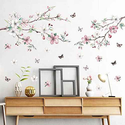 AM AMAONM Removable 3D Ink Style Brown Tree Branches and Pink WhiteFlower Wall Decals Plum Blossom Flowers and Butterfly Wall Sticker Peel and Stick Wall Decor for Home Walls Living Room Kids Baby