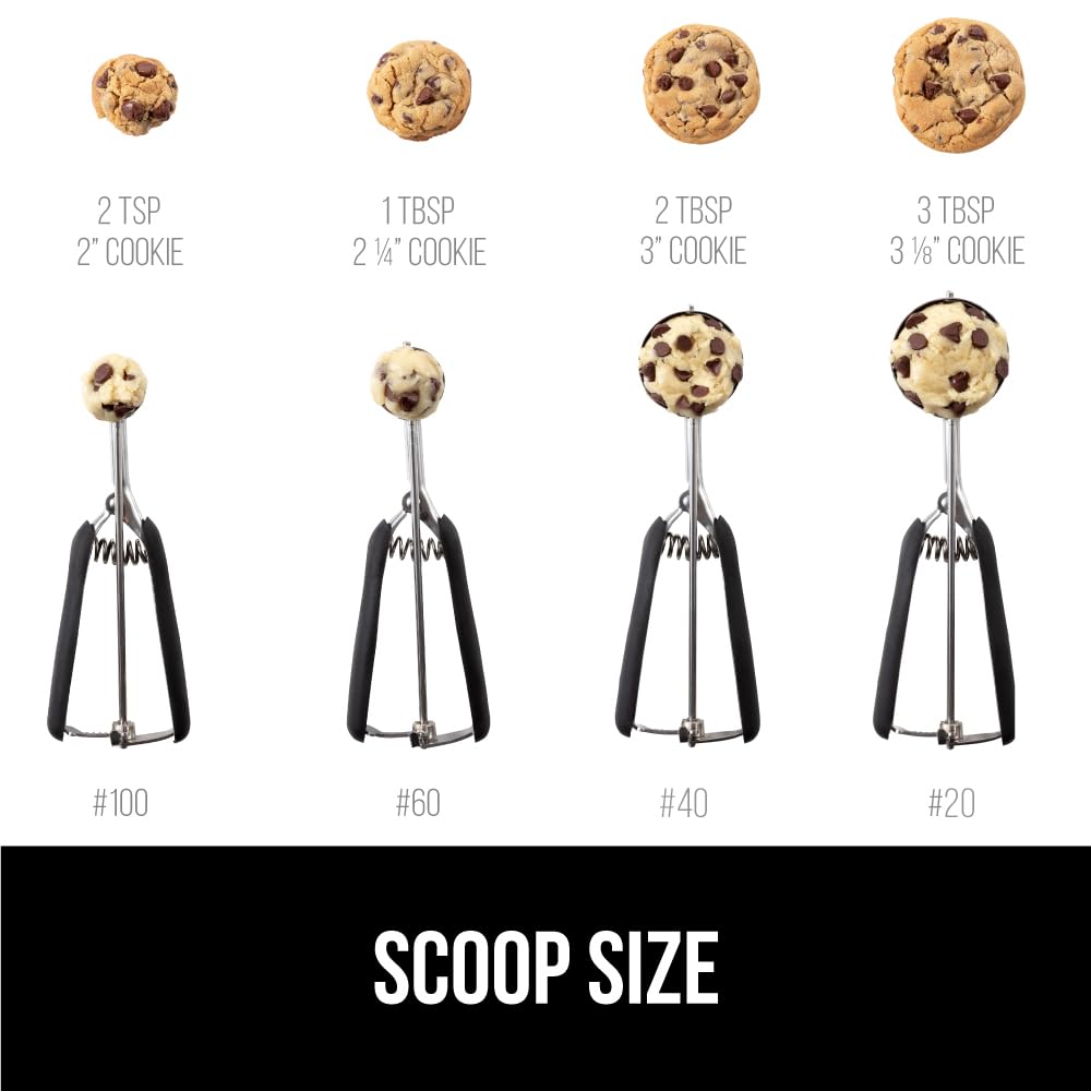 GORILLA GRIP Stainless Steel Cookie Scoop for Baking, 2 TBSP, Multipurpose Melon Baller, Meatball Spring Scoops, Perfect Portion Sizes, Easy Food Release, Scooper Size 40, BPA-Free Kitchen Tool, Black