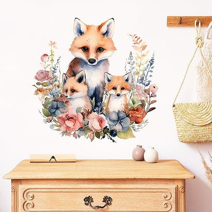 Watercolor Fox Family with Flowers Wall Decal Adorable Nursery Animal Wall Sticker Removable Waterproof Easy Peel and Stick Perfect for Kids Baby Room Classroom Living Room Bedroom Preschool