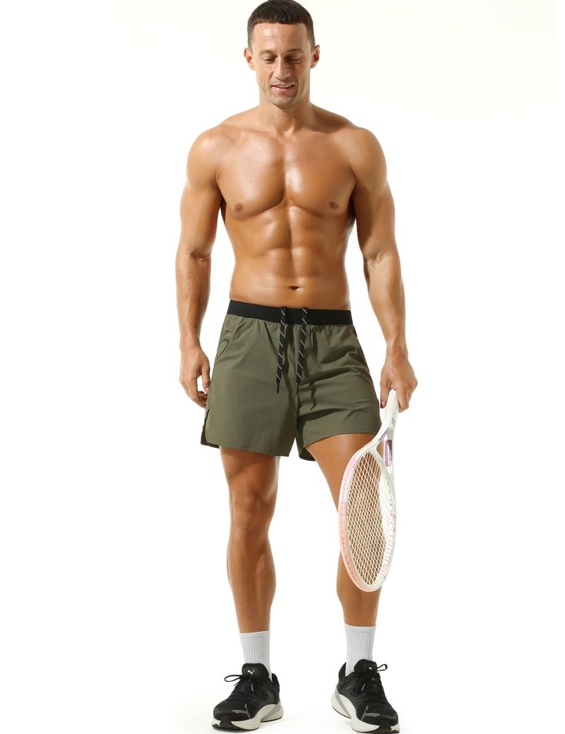 Rexcyril Men's Gym Workout Running Shorts 5 Inch Quick Dry Athletic Bodybuilding Shorts with Zipper Pockets, ArmyGreen/Black, Small