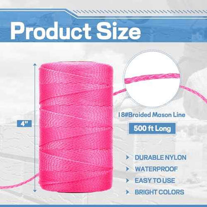 Woanger 8 Rolls Mason Line #18 Braided Nylon String Total 4000 Feet Length Masonry Nylon Twine for Construction Gardening Crafting DIY Project Workshop(Fluorescent Pink)