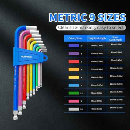 9PCS Metric Allen Key Set, Color Coded Hex Key, 1.5-10MM Anti-Slip Long Ball End Hex Wrench Set Ideal for Dismantling Machinery, Equipment, Vehicle, and Bicycle Maintenance