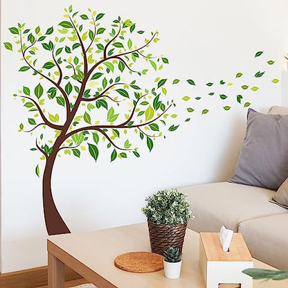 Green Tree Wall Decals Flying Leaves Wall Stickers Green Leaves Wall Decor for Bedroom Nursery Living Room Home Wall Decor (Green-Tree)