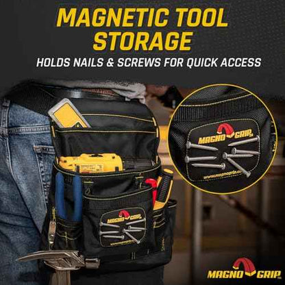 MagnoGrip 10-Pocket Tool Pouch with Magnetic Storage - Durable 1680D Ballistic Polyester, Adjustable Belt, Reinforced Rivets, Easy Access Pockets for Construction, Carpentry, and DIY Projects - Black
