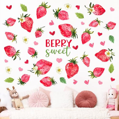 Mfault Spring Summer Strawberry Wall Decals Stickers, Berry Sweet Fruit Love Heart Decorations Girls Bedroom Art, Home Kitchen Kids Room Living Room Bathroom Decor