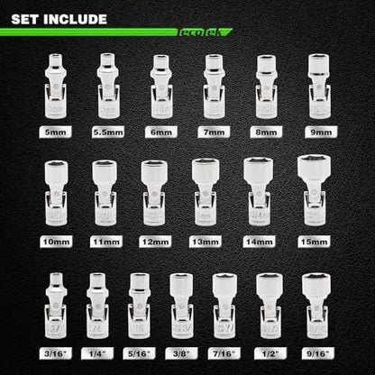 19-Piece 1/4-Inch Drive Universal Joint Socket Set, Swivel Socket Set, 6-Point, SAE (3/16" to 9/16") and Metric (5mm to 15mm), CR-V, Universal Flex Socket for Easier Access to Tight Spaces