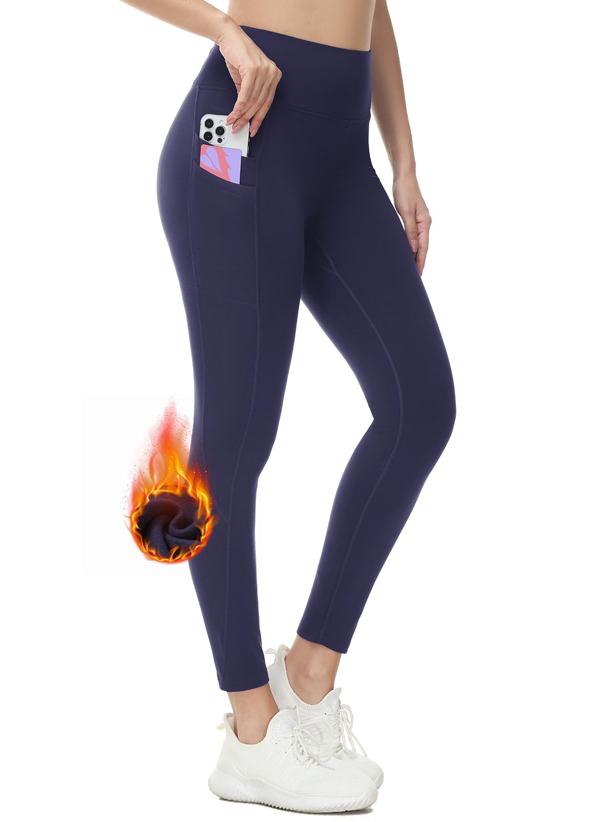 baleaf Fleece Lined Leggings Women Water Resistant 25" Petite Winter Warm Legging Thermal Running Tights Yoga Hiking Pants Navy XS
