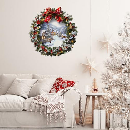 Christmas Wreath Wall Decals with Ribbon Peel and Stick Christmas Mural Art Stickers for Christmas Party Home Kitchen Decor (A)