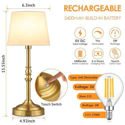GGOYING Set of 2 Rechargeable Cordless LED Table Lamps, 4-Level Dimmer, Bronze Portable Desk Lamps with White Fabric Shades, Night Light for Dining, Bedroom and Patio