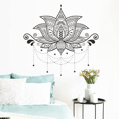 Black Mandala Lotus Wall Decals Indian Boho Namaste Flower Wall Sticker 23.6x15.7inch Hippie Buddhism Meditation Wall Art Decor for Headboard Bedroom Living Room Yoga Studio