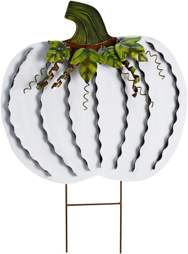 Metal Pumpkin Stakes Yard Signs Fall Decor Decorative Garden Stake Lawn Pumpkins Ornaments Outdoor Autumn Decoration for Harvest Halloween Thanksgiving (26" H White)