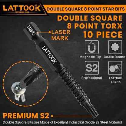 Double Square 8 Point Torx Star Bit Set, Magnetic S2 Steel, 10PCS 2 Square Drive Bits for Trailer, 2.3'' Long, #1, #2, #3