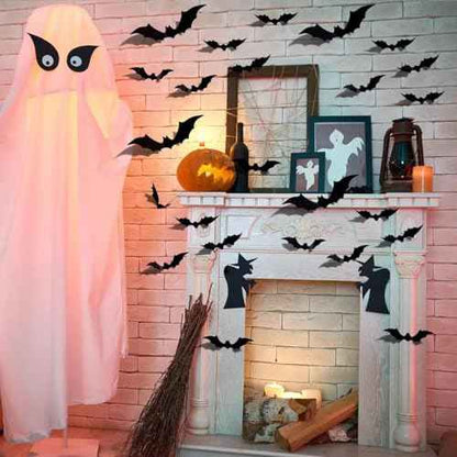 48 Pcs 3D Bats Wall Decals - Removable Rose Pink & Black Designs DIY Halloween Decorations for Party Indoor Home Kitchen Bedroom