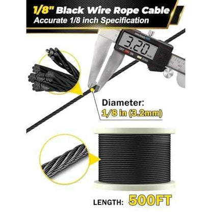 TooTaci T316 Stainless Steel Cable Railing Kit - 500FT 1/8 Black Wire Rope, 7x7 Flexible Strands, 1800LB Marine Grade Cable - Durable Outdoor Deck Railing Wire for Balcony, Fence, Stair, DIY Projects