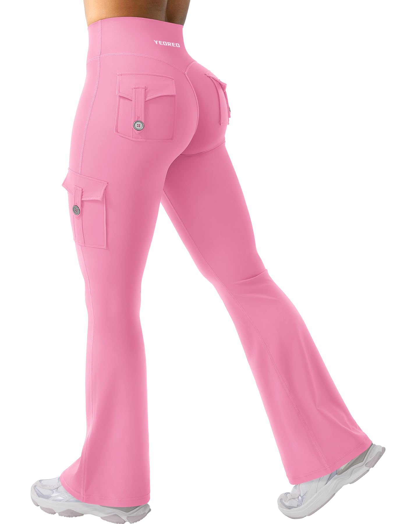YEOREO CoreFlex Women Workout Flare Leggings with Pockets Hidden Scrunch High Waisted Cargo Gym Yoga No Front Seam Leggings Pink XXL