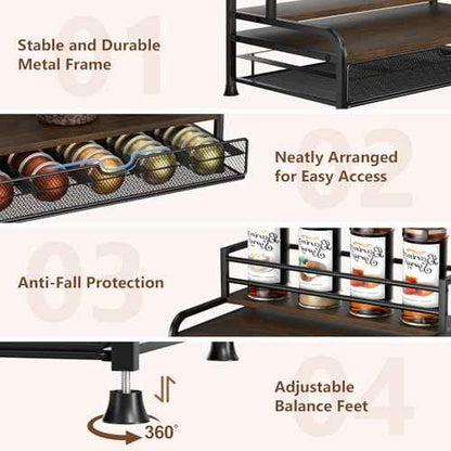 Coffee Syrup Rack Organizer, 3-Tier 8 Bottles Syrup Rack with Pod Holder Drawer for Nespresso Pods, Holds up to 30 Big or 40 Small Capsules, Countertop Coffee Bar Organizer for Kitchen Cafe