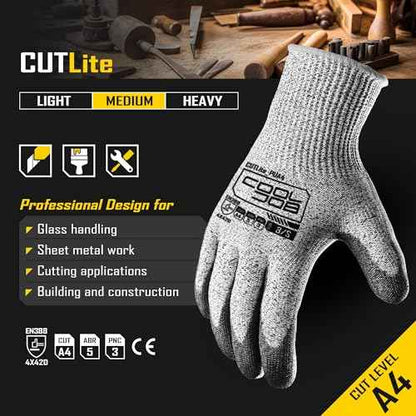 COOLJOB 12/120 Pairs Cut Resistant Safety Work Gloves with Grip, 13 Gauge Seamless Shell with PU Coating, ANSI A2 A4, Gray