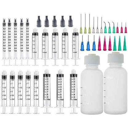 20 Pack Measuring Dispenser and 30ml+50ml Glue Bottle, 1ml, 3ml, 5ml, 10ml Glue Dispenser, 14ga, 16ga, 18ga, 20ga, 22ga, 25ga Dispensing Accessories and Caps, for Refilling and Measuring