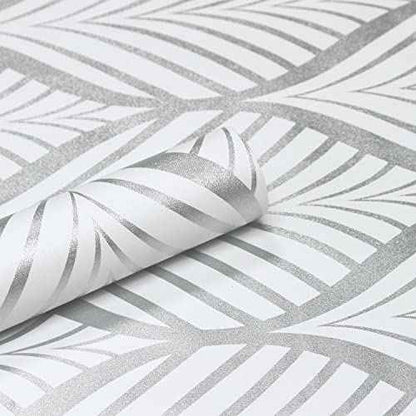 Silver & White Leaves Peel and Stick Wallpaper Texture Contact Paper Self Adhesive Leaf Stick on Removable Vinyl Roll for Home Decorative 17.7''x118''