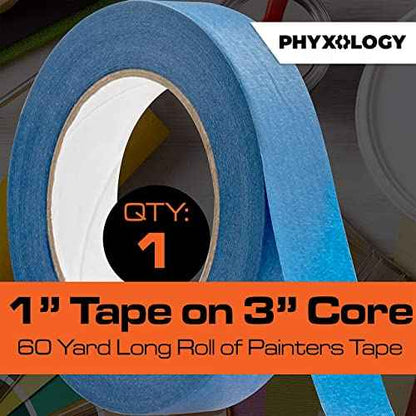 No-Residue 1 Inch, 60 Yard Blue Painters Tape 1 Pk. Easy-Tear, Pro-Grade Removable Masking Tape Great for Home, Office, Commercial Contractor. Clean, Drip-Free Painting w/Wide Crepe Paper Rolls
