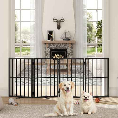 Dog Gate Indoor, Freestanding Foldable Pet Gate for The House, Doorway, Stairs, 64.6" W x 23.6" H Metal Step Over Fence with Support Feet, 4-Panel Pet Puppy Safety Fence, Black DGBK6101