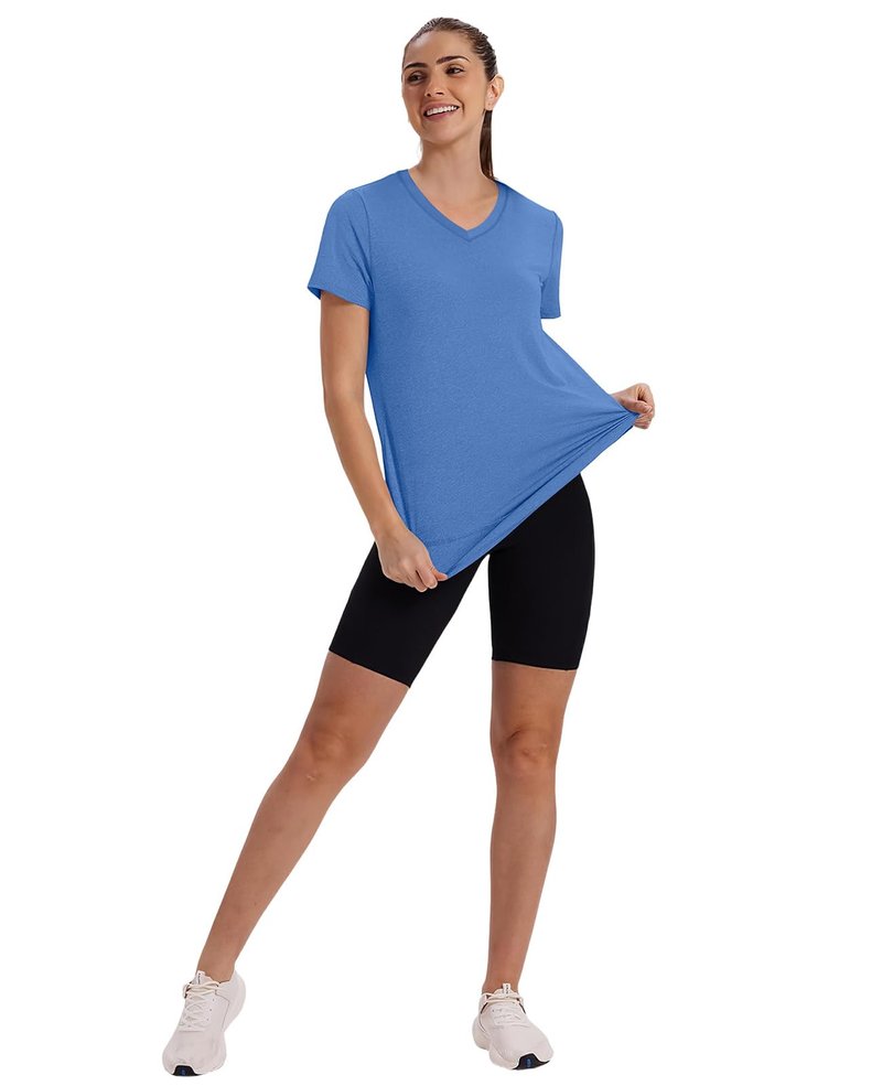 Short Sleeve Shirts for Women Workout Pilates Outfits Tennis Summer Tops 2026 Beach Vacation Clothes V Neck Blue M