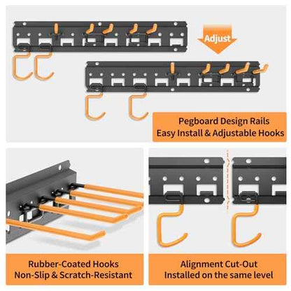 Garden Tool Organizer Wall Mount - Garage Storage and Organization Yard Tool Hanger with Adjustable Pegboard Hooks Shed Rack for Broom Mop Shovel Rake Trimmers, 64 inch Max 750lbs, Black