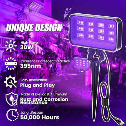 30W Halloween Black Light Spotlight Outdoor High Power LED Outdoor Black Light Spot Lights IP66 Waterproof Blacklight Spotlight 395nm Blacklight Spot Lights with Plug for Glow Party (2 Pack)