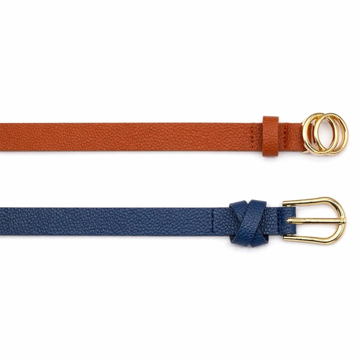 TRUE LOVE ACCESSORIES Women’s 2-Pack Skinny Belts – Slim Faux Leather Waist Belts with Gold Buckle – Dressy & Casual Jean Belts for Women (Navy/Cognac, 1X/2X)