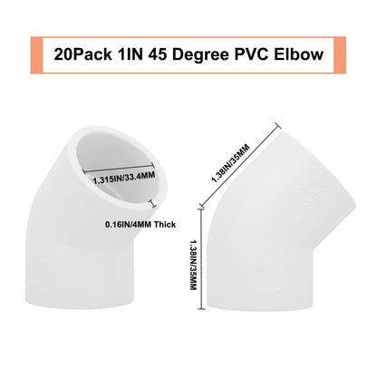 20Pack 1" 45 Degree PVC Elbow Pipe Fitting Connector (Socket x Socket) Furniture Build Grade SCH40 1 Inch 45 Degree Elbow PVC Corner Adapter for Home Sewer Plumbing Water Line