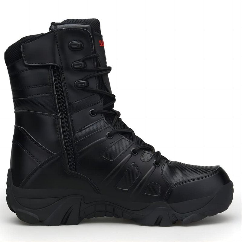 BORAMAX Men's Hiking Shoes Stealth Force Waterproof Black Tactical Boots, Men Leather Side Zip Military Combat Desert Boots