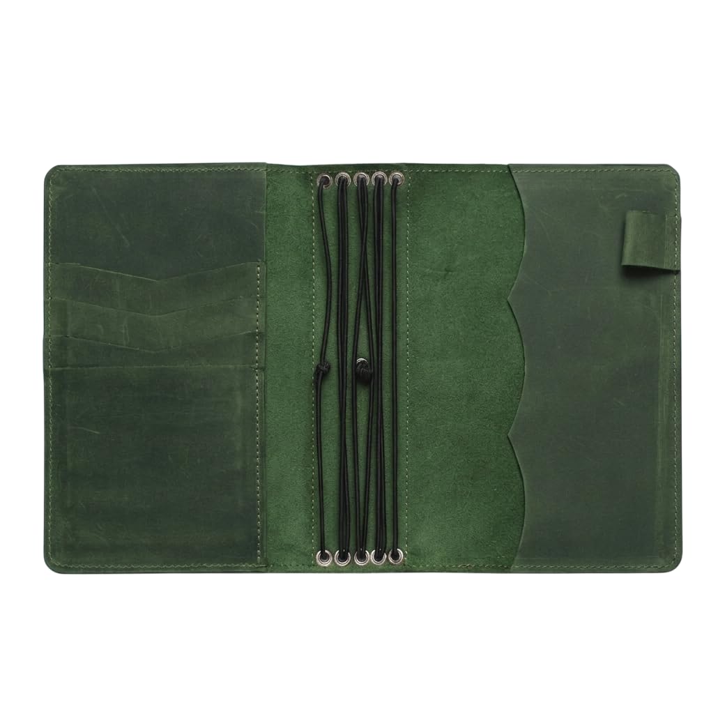 TORAKIP Travelers Leather Notebook Cover A6 – Refillable Leather Journal Cover with 5 Elastic Bands, Pen Holder & Pockets, Fits 4.1" x 5.8" Notebooks (Inserts Not Included), Green