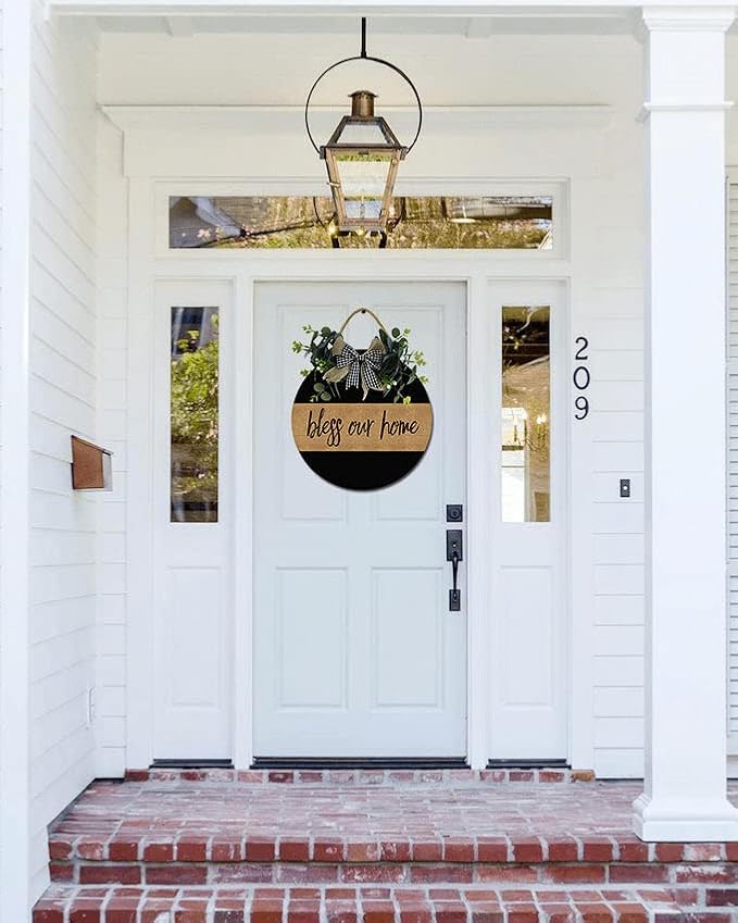 Bless Our Home Front Door Sign Funny Wreaths Hanging Wooden Plaque Decoration Round Rustic Wood Farmhouse Porch Decor for Home Front Door Decor, 12 x 12 Inch