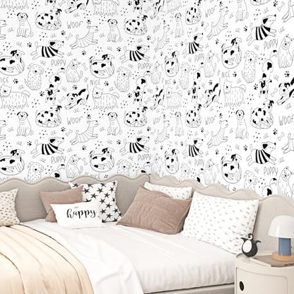 Black and White Dog Wallpaper Peel and Stick White Contact Paper Animal Nursery Wallpaper Fun Puppy Self Adhesive Contact Paper for Walls Kids Room Bedroom Cabinet Liner Dog Decor 17.5"x102"