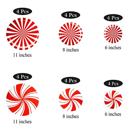 Outus 24 Pieces Christmas Peppermint Floor Decals Stickers for Christmas Decoration Candy Party Supply Red and White Large Decals for Floors, Windows, Counters and Walls