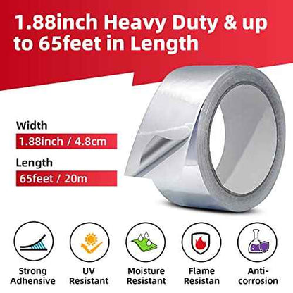 Aluminum Foil Tape 1.88inch x 65FT (21.6Yard) - Adhesive Metal Heat Resistant Silver Duct Tape Heavy Duty for Ductwork & Air Conditioner & Dryer Vent & Insulation & HVAC & Window Seal, 3.9mil
