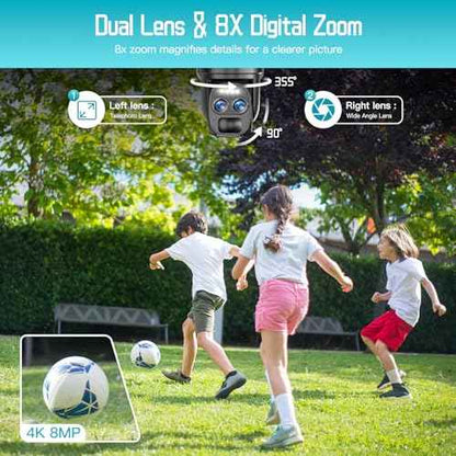 4K Dual Lens Solar Security Cameras Wireless Outdoor, 2.4G/5Ghz WiFi 6 Security Camera, 355¡Æ Pan/Tilt Home Security Camera with 8MP Color Night Vision, PIR Motion Detection, Auto Tracking, Alexa