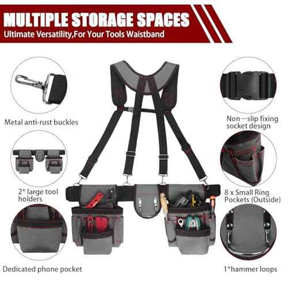 Tool Belt With Suspenders, Heavy Duty Carpenter Tool Belt with 22 Pockets - Adjustable Lightweight Electrician for Construction, Framing, Carpentry Work