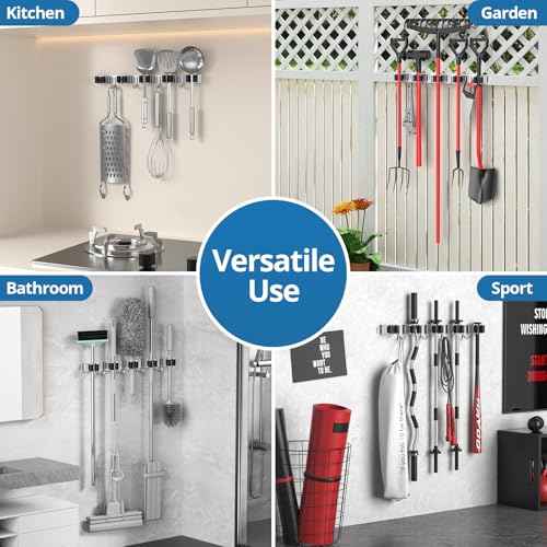 2 Pack Broom Holder Wall Mount Mop and Broom Hanger Broom Organizer Storage Tool Racks Stainless Steel Heavy Duty for Kitchen Garden Laundry Garage (5 Racks with 4 Hooks)