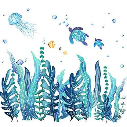 Tenare 5 Sheets Ocean Sea Turtle Wall Decals Stickers Under The Sea Stickers Grass Jellyfish Fish Removable Vinyl Decal for Bedroom Bathroom Nursery Room Wall Decor(Classic Style)