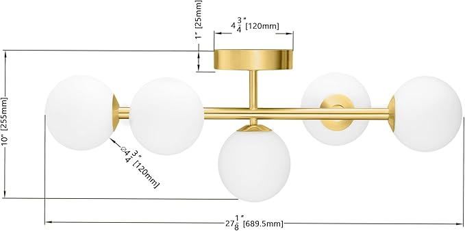 Mid Century Modern Bathroom Vanity Lights, 5-Light Bathroom Light Fixtures Brass Gold Bathroom Lights Semi-Flush Mount Ceiling Light, Gold Wall Sconce Wall Light with Globe Frosted Milk Glass, G9 Base