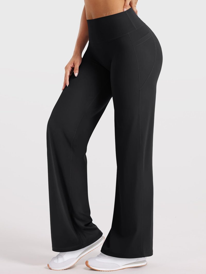YEOREO Ease Workout Leggings with Pockets for Women No Front Seam Straight Leggings High Waist Wide Leg Yoga Pants 31.5" Black S