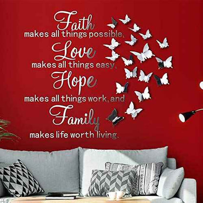 3D Acrylic Mirror Wall Decor Stickers Removable Butterfly Mirror Wall Stickers DIY Faith Makes All Things Possible for Home Office School Teen Dorm Room Decoration(Silver)