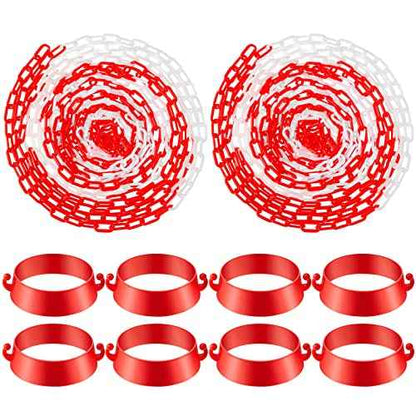 64 Feet Plastic Traffic Chain Cone Chain Safety Barriers Link with 12 Pieces Traffic Cones Connector Kits for Parking Barrier Poles Constructions Home Road Driveway Parking Use, Red White